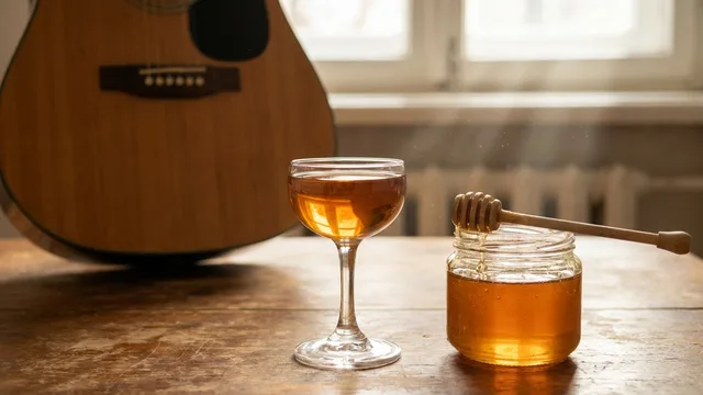 AI-generated illustration of amber mead, honey and part of an acoustic guitar.