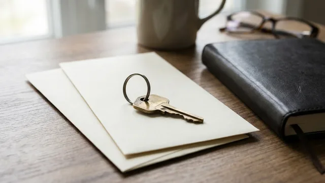 AI-generated illustration of a house key, blank envelopes and a notebook for home-financing planning.